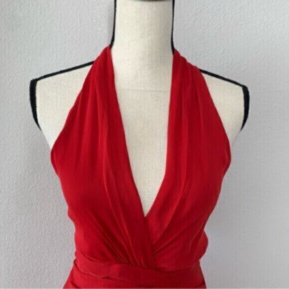 Vintage Red Halter Plunged Neckline Gown with Elegant Ruffle Detail - Picture 7 of 12